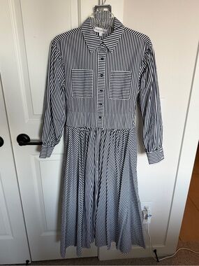 Hunter Bell Pleated Striped Shirt Dress - Navy & White with belt